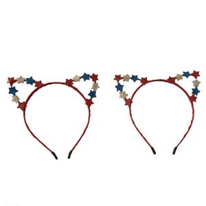 Red Blue Silver Glittery Tiny Stars White Wire Cat Ear July 4th Headbands 2Pc